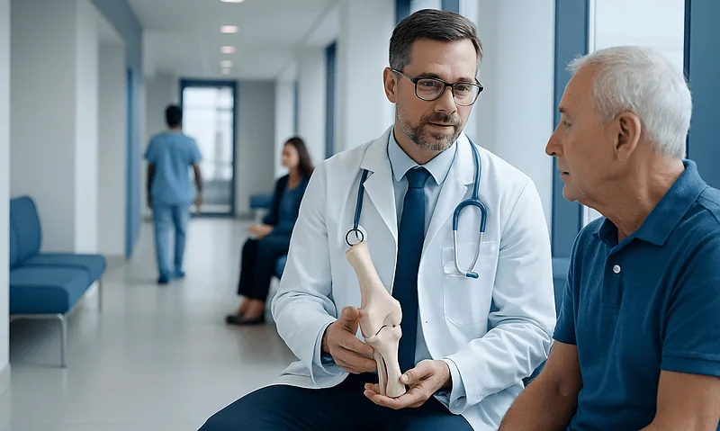 Orthopedist explaining knee joint to senior patient in hospital corridor.