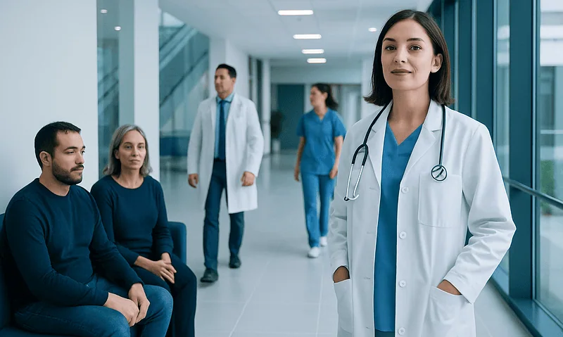 Healthcare professionals and patients in a modern hospital corridor.