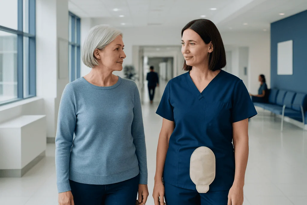 Ostomy Bag: What Patients Need to Know 1 Nurse and patient discussing ostomy care in hospital corridor.