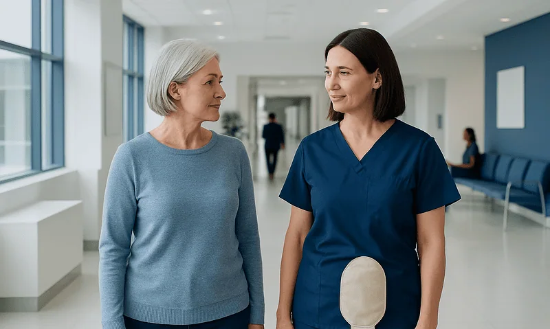 Nurse and patient discussing ostomy care in hospital corridor.
