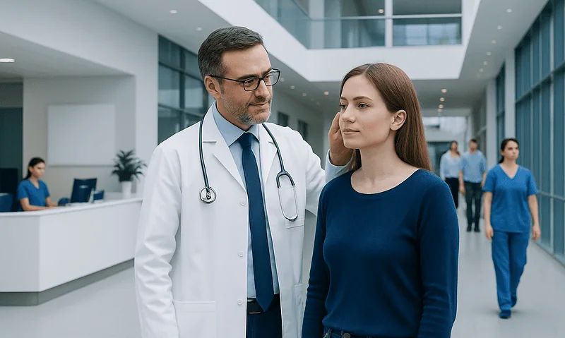 Otologist consulting with a young female patient in a modern hospital.