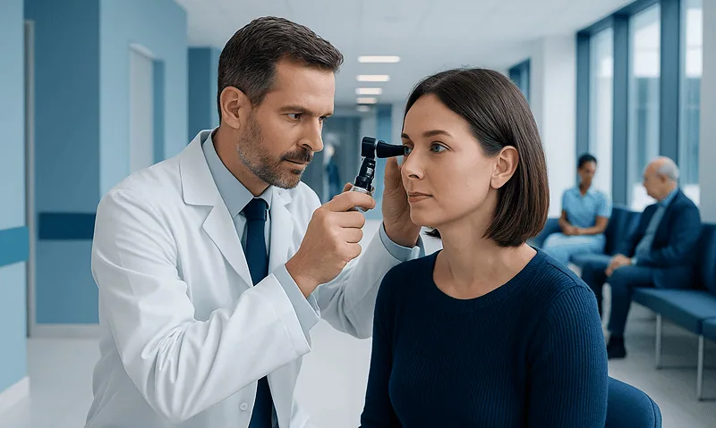 Doctor examining patient's ear with otoscope in clinic setting.