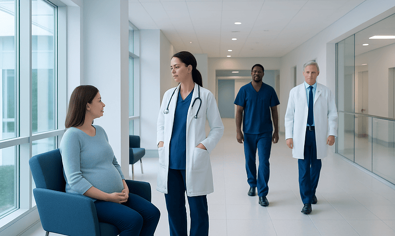 Pregnant woman consulting with doctors in hospital corridor.