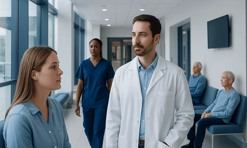 Doctor consulting a patient in a hospital corridor with staff and elderly patients in background.