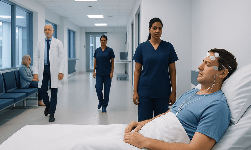 Patient undergoing overnight sleep study in hospital bed with medical staff nearby.