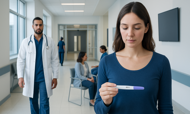 Young woman holding ovulation test kit in hospital corridor.