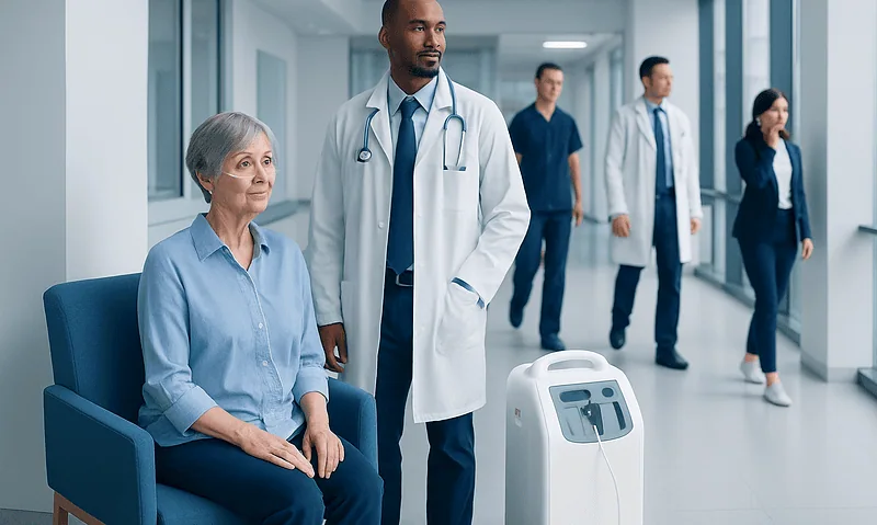Medical team monitoring patient with oxygen concentrator in hospital corridor.