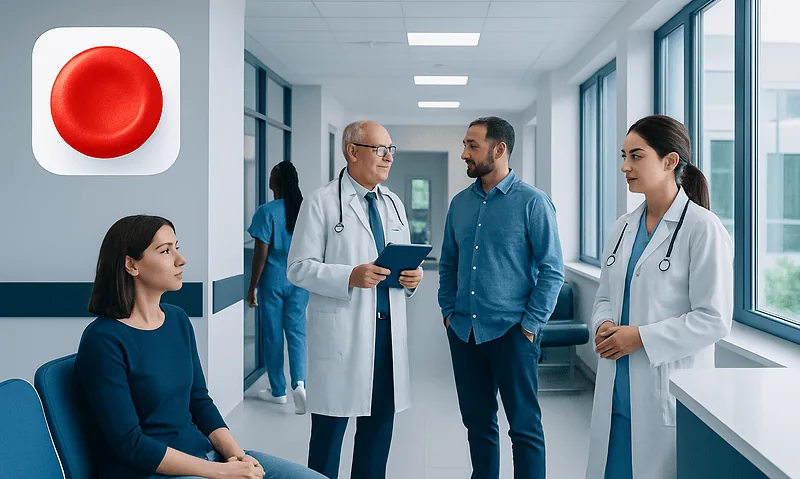 RBC Blood Test Explained: Reference Ranges and What Affects Them 1 Medical team discussing patient care in hospital corridor with RBC blood test symbol.