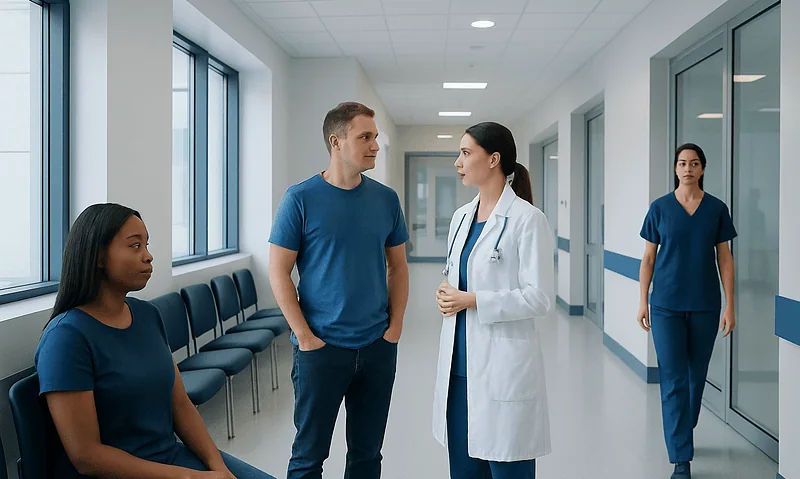 Medical professionals and patient in hospital corridor at Acibadem Hospitals Group.