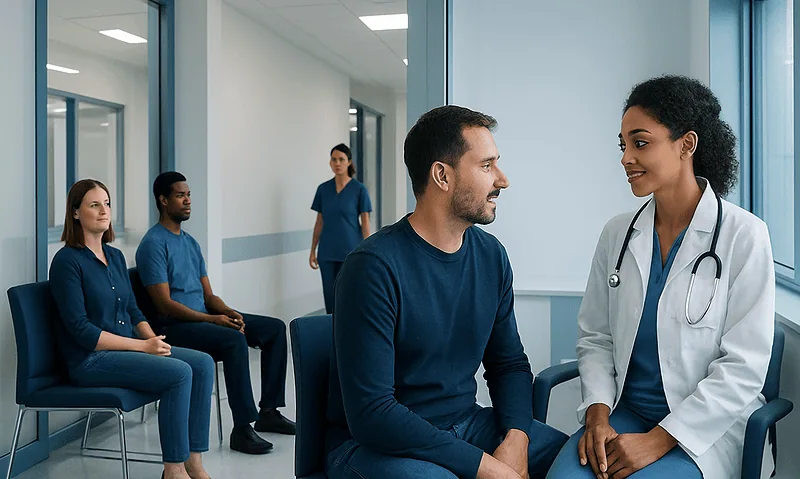 Doctor consulting with male patient in a hospital corridor.