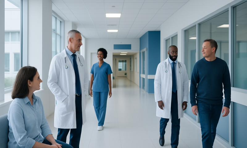 Medical team walking in hospital corridor at Acibadem Hospitals Group.