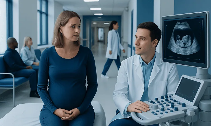 Pregnant woman consulting with doctor during ultrasound scan at hospital.