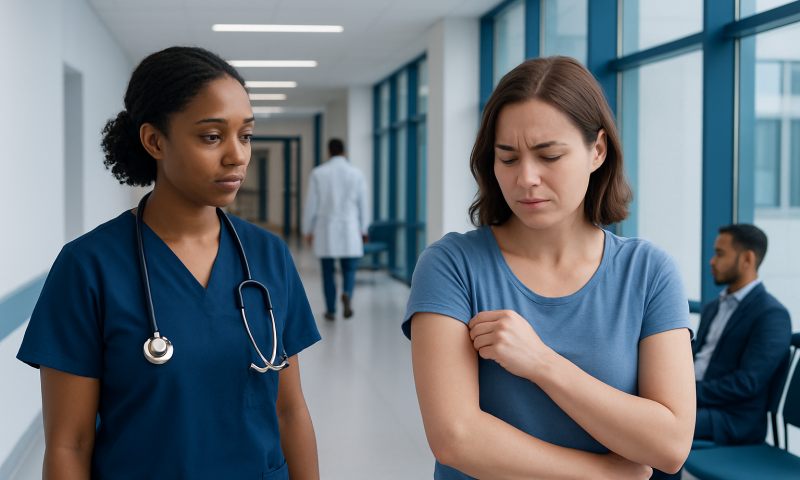 Patient experiencing arm discomfort in hospital corridor with nurse nearby.