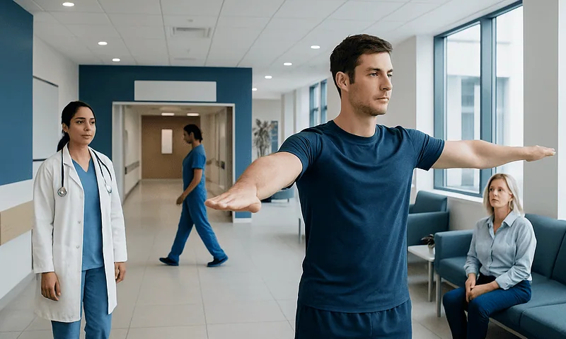 Patient doing shoulder stretch exercise in hospital corridor with medical staff nearby.