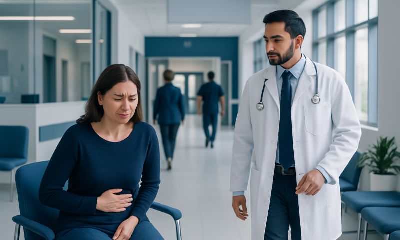 Patient experiencing stomach pain in hospital corridor with doctor nearby.