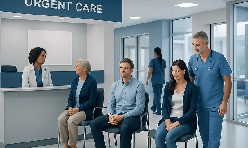 Patients waiting at an urgent care clinic with medical staff nearby.
