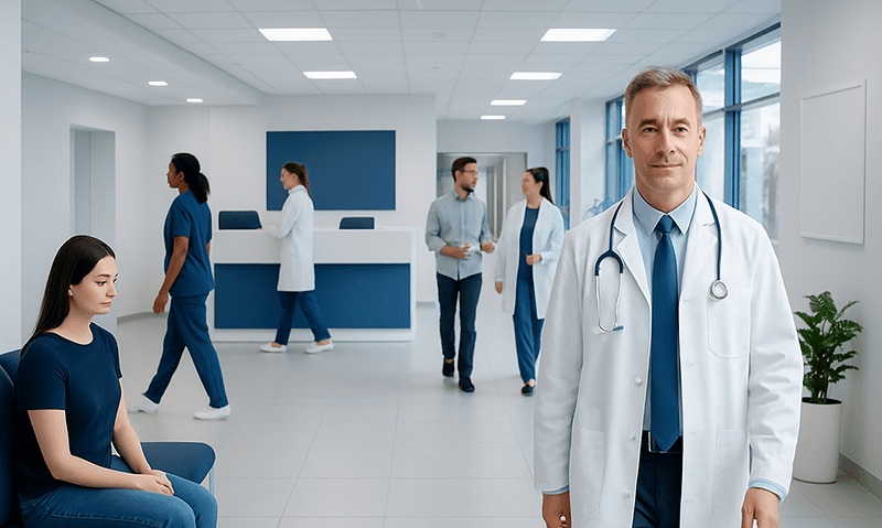 Medical team and doctor in a modern hospital corridor.