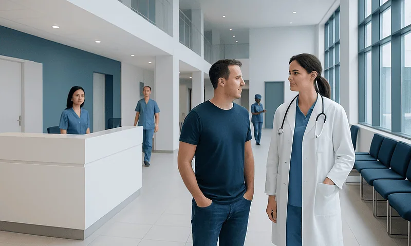 Hospital staff and patient in a modern medical facility corridor.