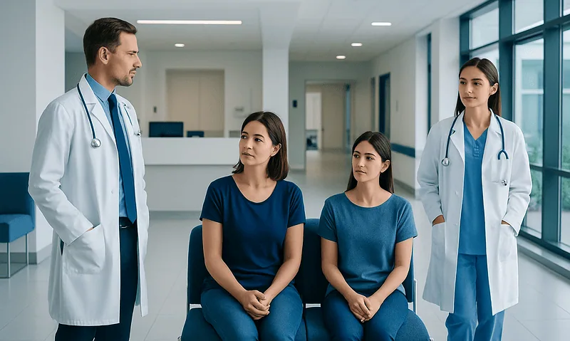 Medical consultation with doctors and patients in a hospital corridor.