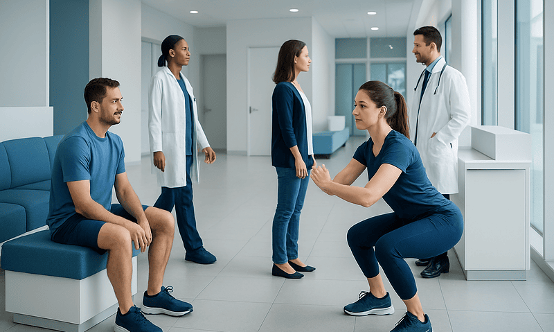 Medical professionals and patient in a hospital corridor during consultation.