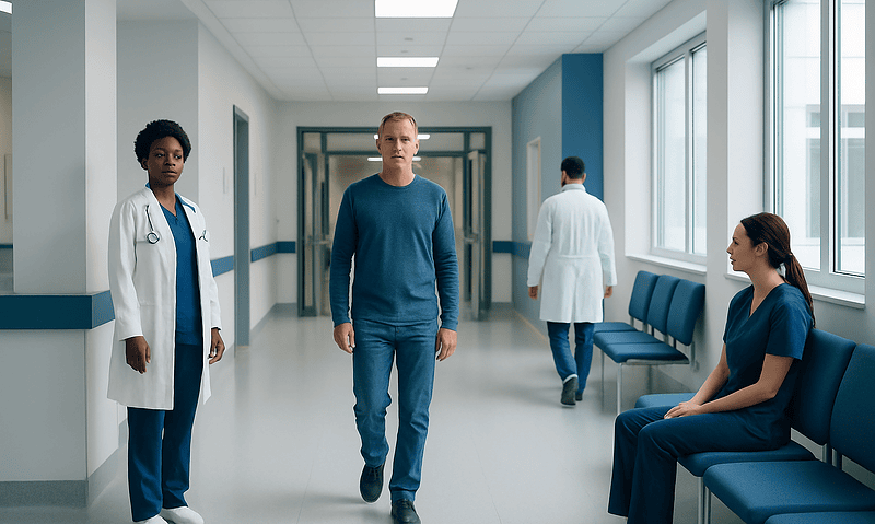 Medical professionals and a patient in a hospital corridor at Acibadem Hospitals Group.