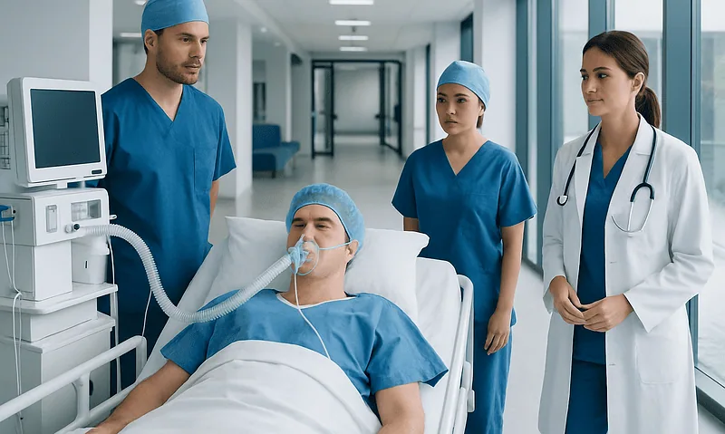 Medical team preparing a patient for anesthesia in hospital.