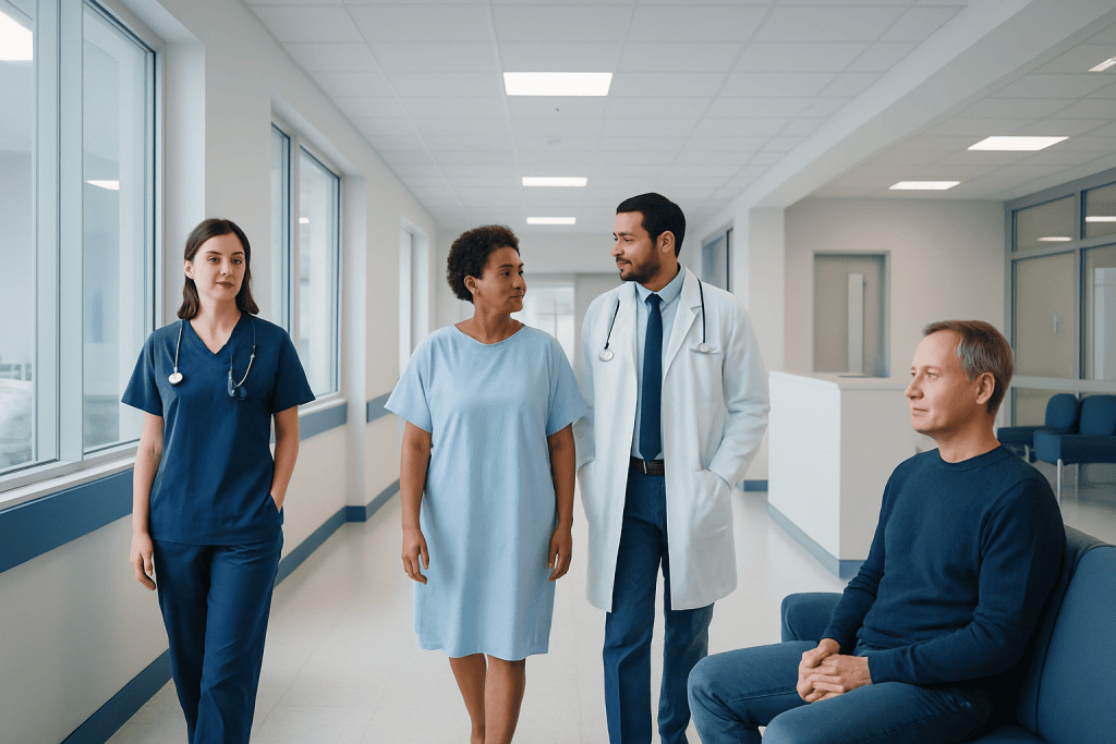 Anagen Follicles: What Patients Need to Know 1 Medical team consulting with patient in hospital corridor.