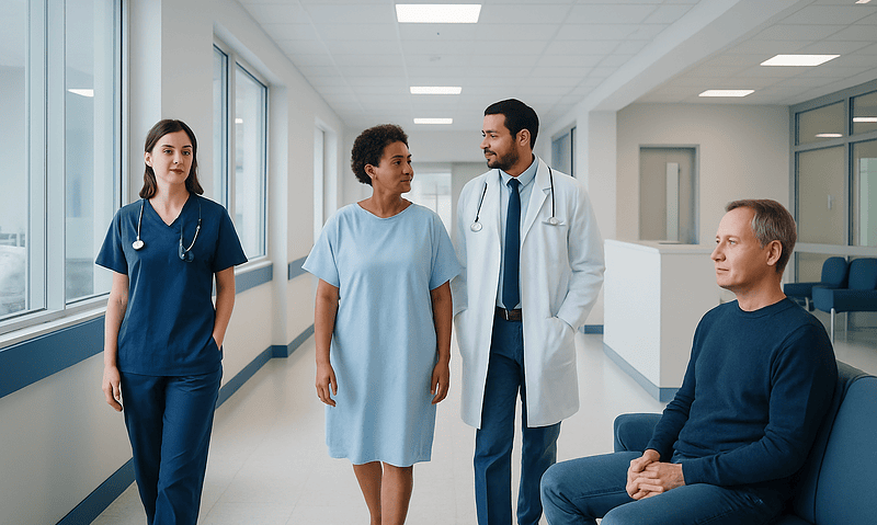 Anagen Follicles: What Patients Need to Know 14 Medical team consulting with patient in hospital corridor.