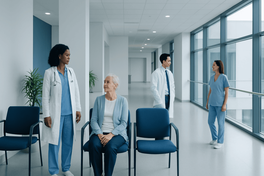 Understanding Anal Cancer: A Complete Patient Guide 1 Medical team consulting with elderly patient in hospital corridor.
