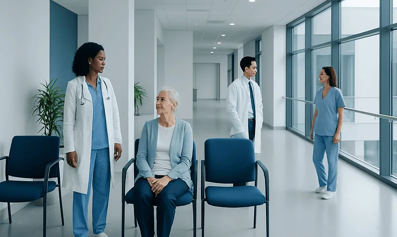 Medical team consulting with elderly patient in hospital corridor.