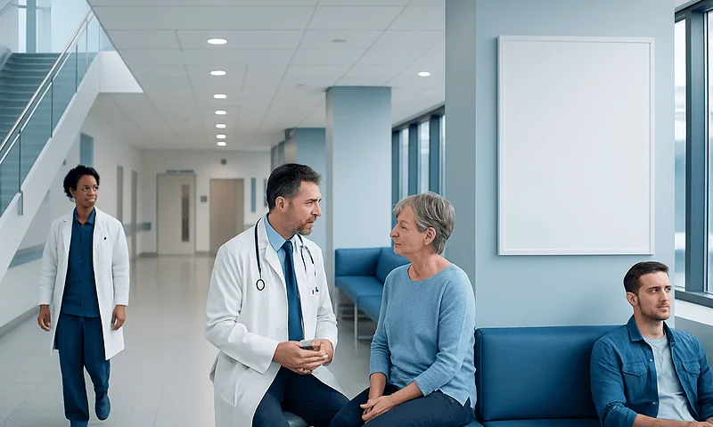 Medical consultation in a modern hospital corridor with healthcare professionals and patient.