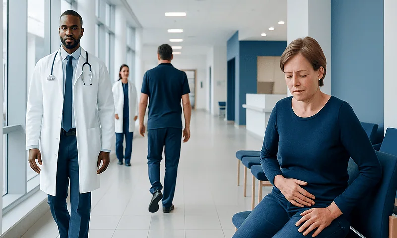 Anal Cancer Symptoms: Possible Causes and When to Seek Care 5 Patient experiencing abdominal discomfort in a hospital corridor.