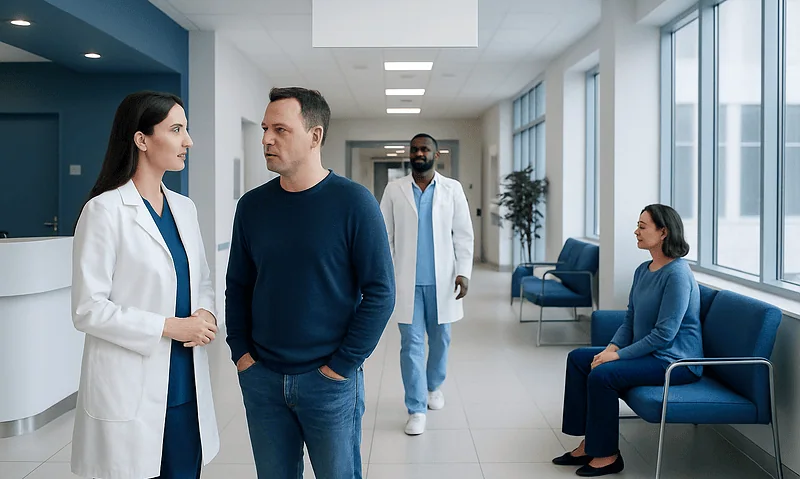 Medical consultation in a hospital corridor with healthcare professionals and patient.