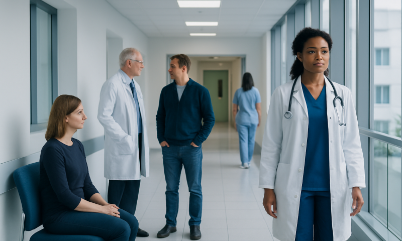 Medical team discussing patient care in a modern hospital corridor.
