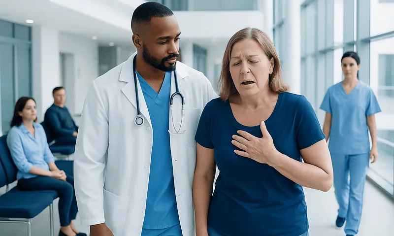 Patient experiencing allergic reaction with medical staff in hospital corridor.