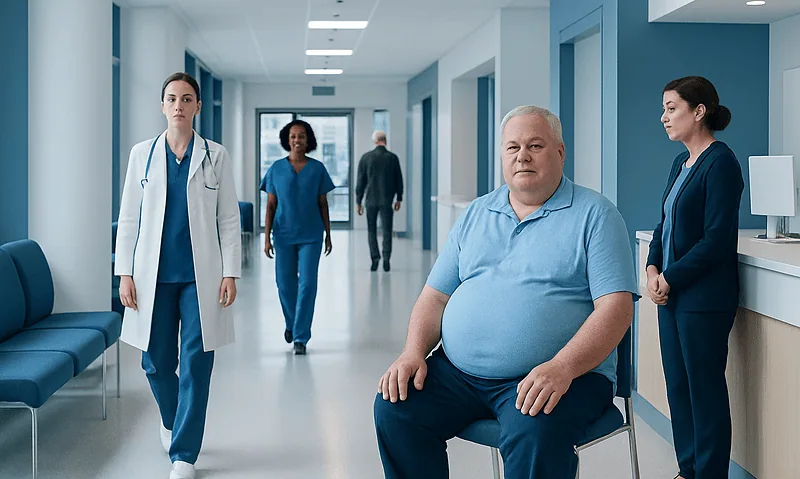 Patient in hospital corridor with medical staff at Acibadem Hospitals Group.