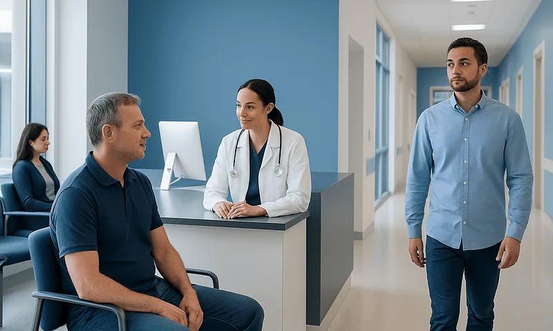 Doctor consulting with male patient in hospital corridor.