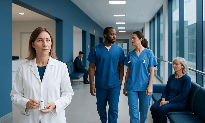 Medical team in hospital corridor with doctor and nurses.