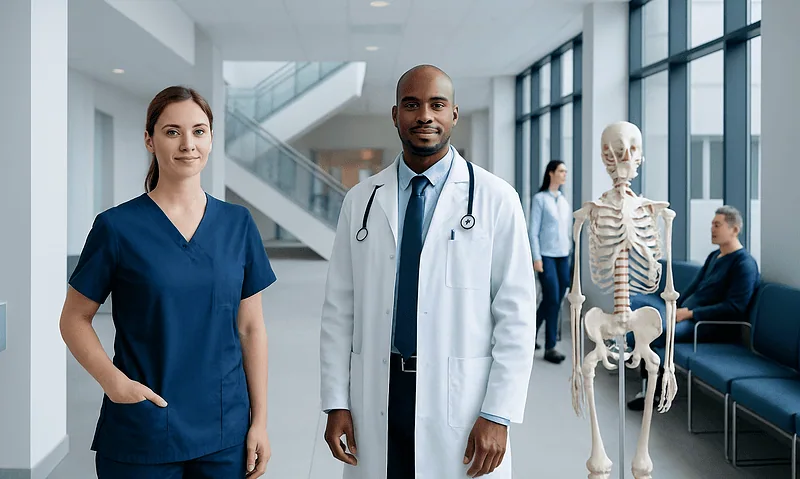 Medical professionals in hospital corridor with skeleton model.