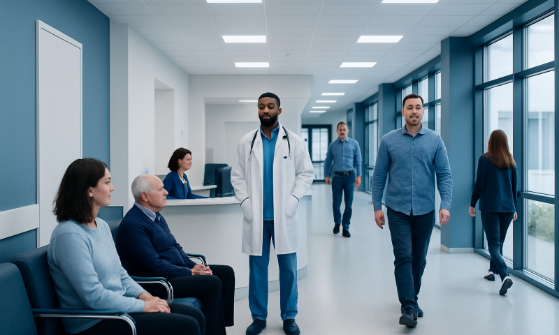 Healthcare professionals and patients in a modern hospital corridor.