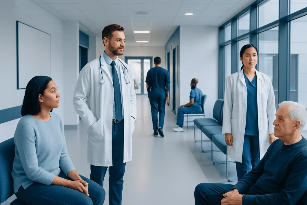 Understanding Ancylostoma Disease: A Complete Patient Guide 1 Medical consultation in a hospital corridor with doctors and patients.