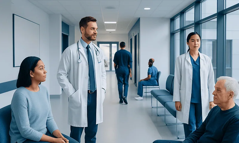 Medical consultation in a hospital corridor with doctors and patients.