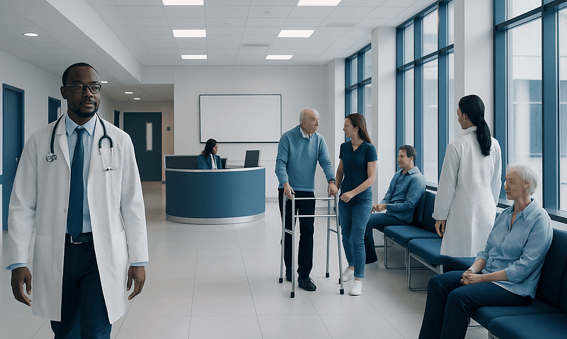 Modern hospital waiting area with medical staff and patients.