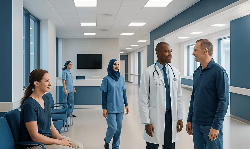 Medical team and patient in a modern hospital corridor.