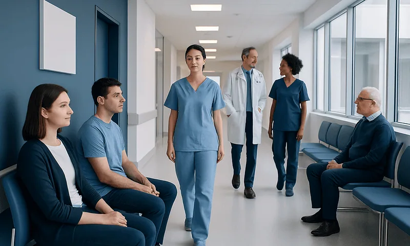 Medical team in hospital corridor with patient waiting area.