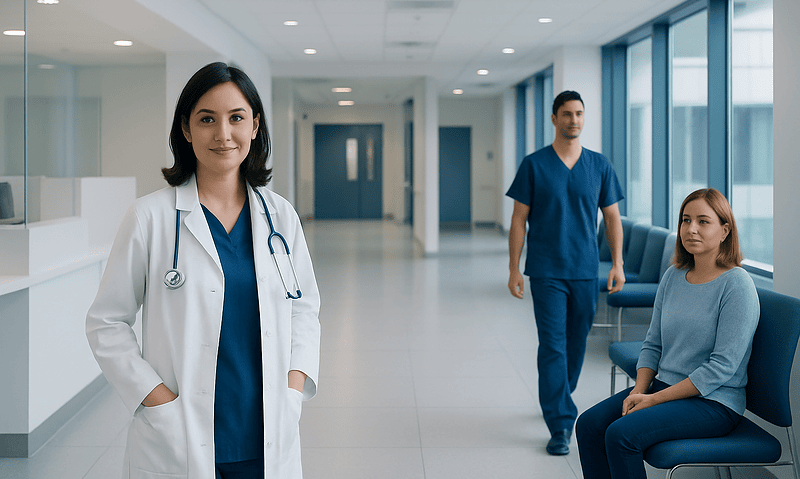 Healthcare professionals in a modern hospital corridor with large windows.