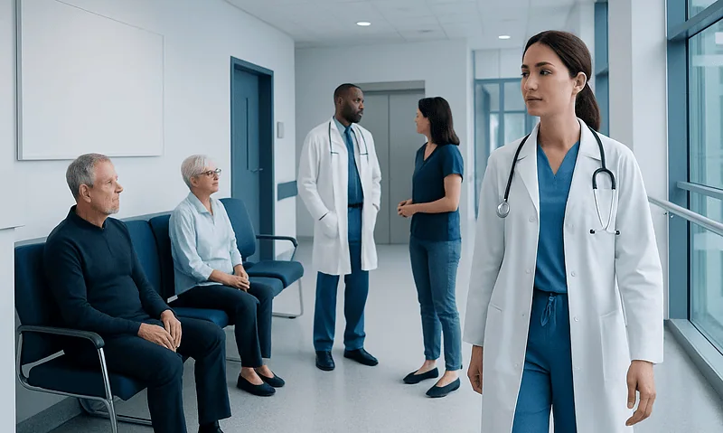 Medical professionals and patients in a hospital corridor at Acibadem Hospitals Group.