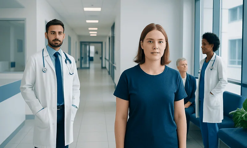 Medical team with patient in hospital corridor at Acibadem Hospitals Group.