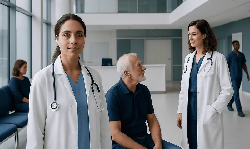 Medical professionals consulting with a patient in a hospital lobby.