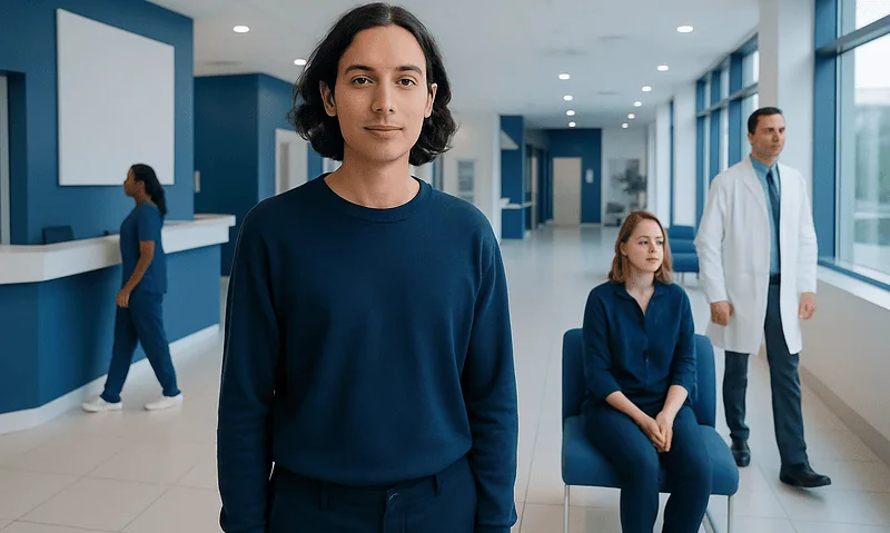 Diverse group of patients and staff at Acibadem Hospital in a modern medical facility.